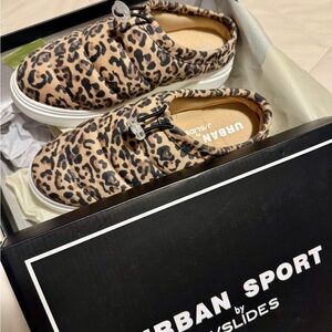 J/Slides Urban Sport Cyndi Platform Clogs in Leopard Print